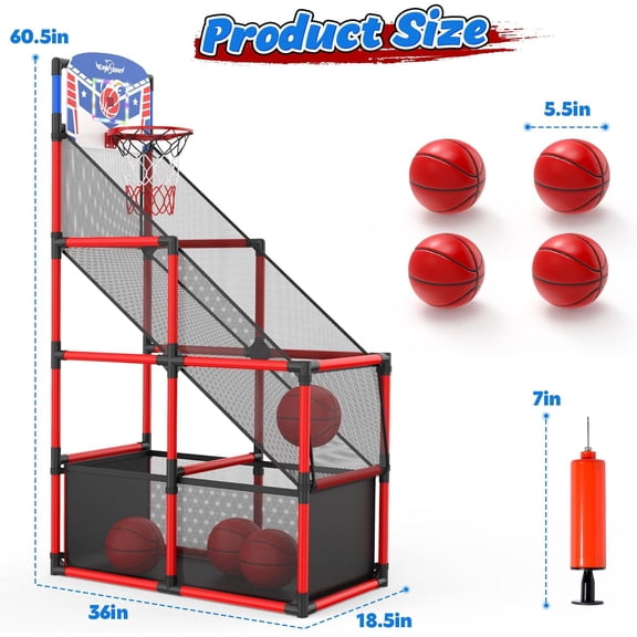 Kids Adjustable Arcade Basketball Hoop with LED Lights & Scoreboard, 4 Balls Ball Storage Net, Indoor Outdoor Carnival Basketball Game Set for Boys & Girls Ages 3-12, Pump Included