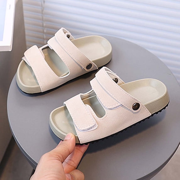 Kids Adjustable Double Strap Slide Sandals Boys Girls Open Toe Slippers Soft Flat Summer Slides for Casual Daily Wear Beige Size 5.5-6 Years