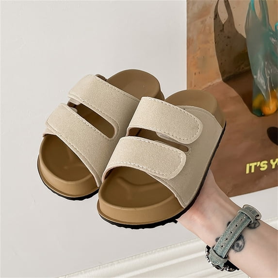 Kids Adjustable Double Strap Slide Sandals Boys & Girls Open Toe Slippers Soft Flat Summer Slides for Casual Daily Wear Beige Size 6-7 Years