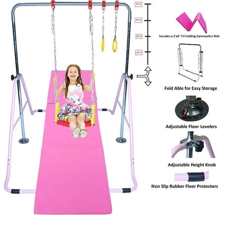 Kids Adjustable Gymnastics Bar Set with Mat, Swing, Rings - Home Fitness Kit (Pink)