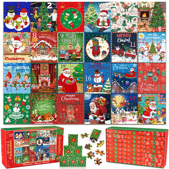 Kids Advent Calendar Christmas Jigsaw Puzzles, 144 Pieces Christmas Puzzles for Adult Kids, Advent Calendars Countdown Gifts for Adult Boys Girls
