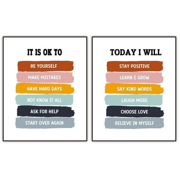 Kids Affirmation Posters, Set of 2, 8x10 Inches, Unframed, Motivational Wall Decor for Classroom or Nursery, Positive Quote Wall Art, Kids Bedroom Wall Decor