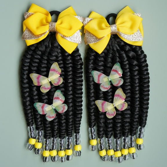 2pcs STHair Kids Ponytail Extensions, Braids with Beads, Sweet Hair Extension with Elastic Tie, Twist Ponytails with Hair Bows Butterflies, Cute Pigtail, Beautiful Cosplay Wig for Girls