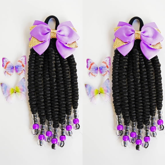 2pcs STHair Kids Ponytail Extensions, Braids with Beads, Sweet Hair Extension with Elastic Tie, Twist Ponytails with Hair Bows Butterflies, Cute Pigtail, Beautiful Cosplay Wig for Girls