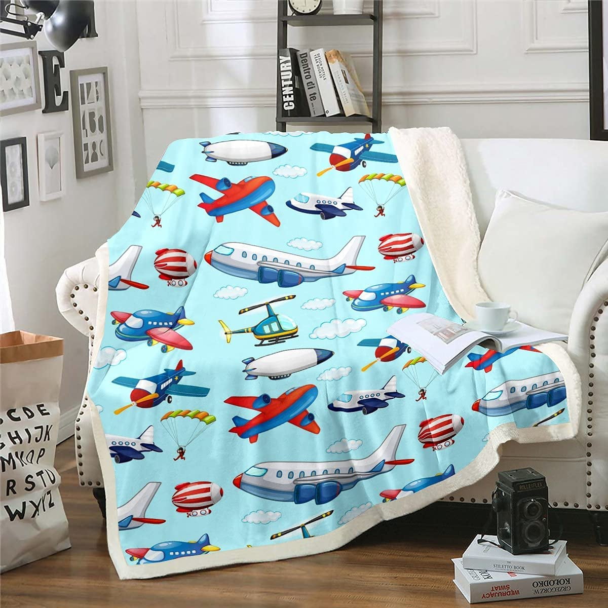 Kids Aircraft Sherpa Blanket Boys Cartoon Airplane Plush Blanket