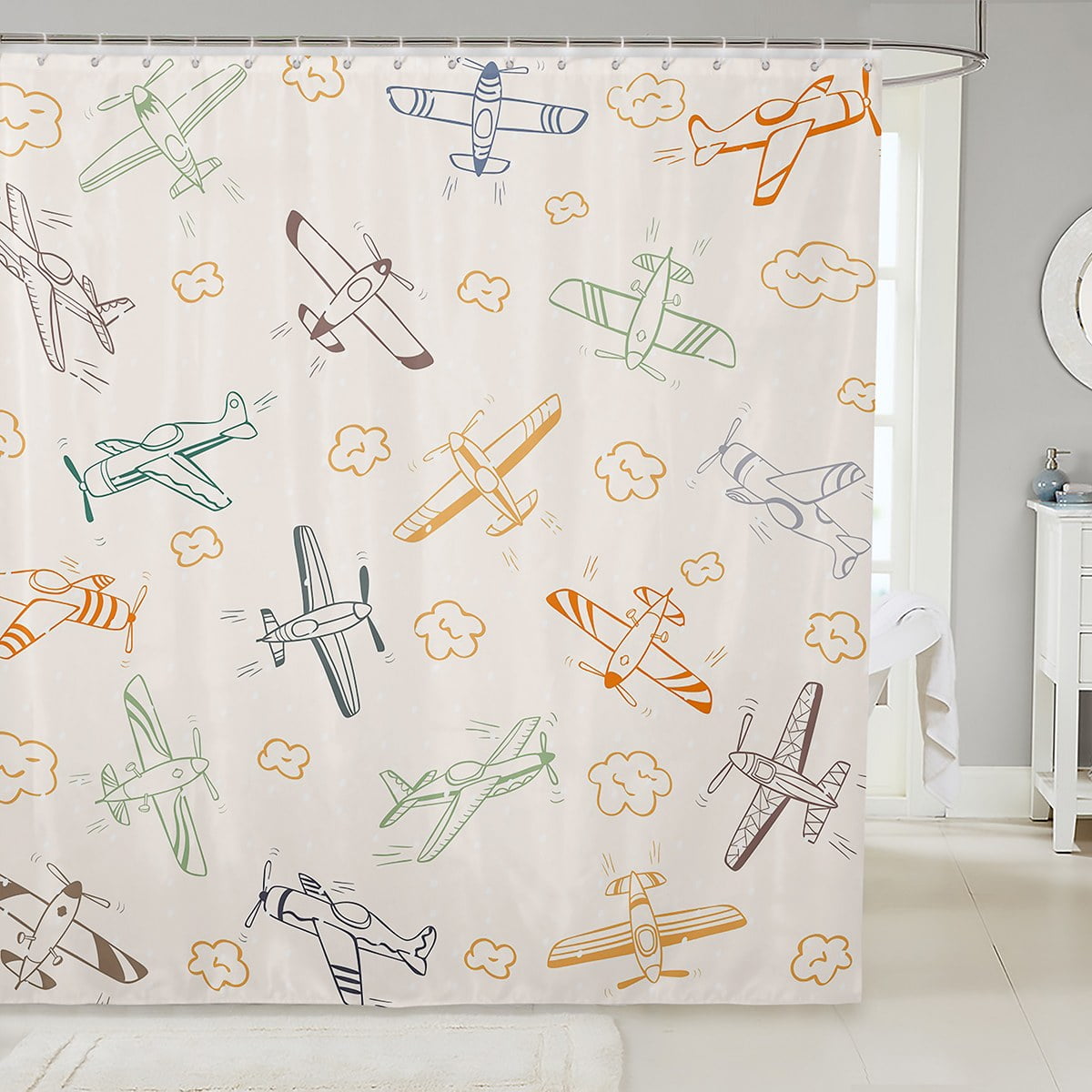 Kids Airplane Bathroom Shower Curtain Sets 72"Wx84"L Boys Aircrafts ...