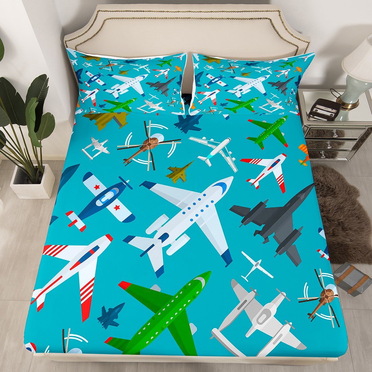 Kids Airplane Bed Sheets Full Size Colorful Cartoon Aircrafts Bedding