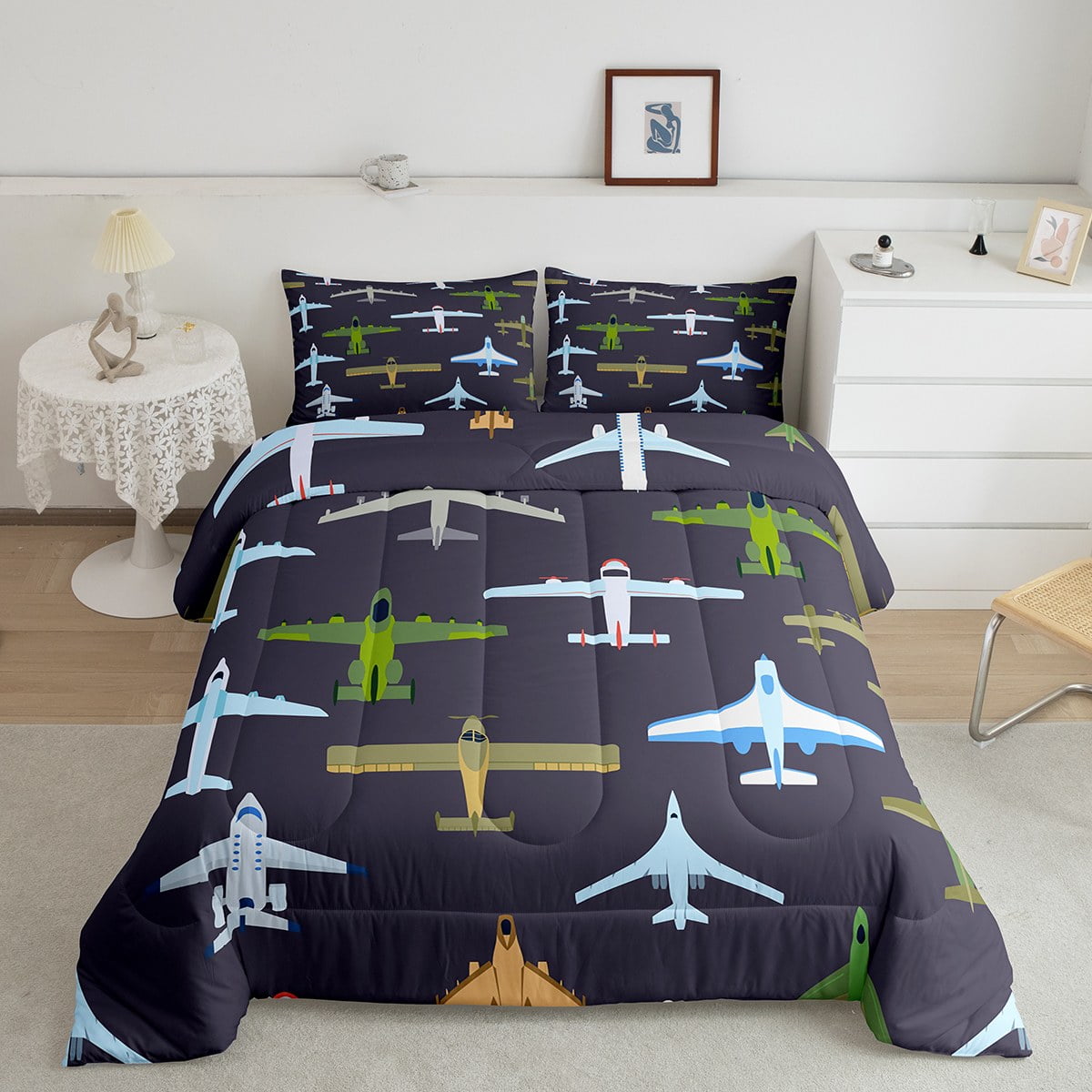 Kids Airplane Bedding Comforter Sets Full Size,Aircraft Print Comforter Set for Boys Teens Girls