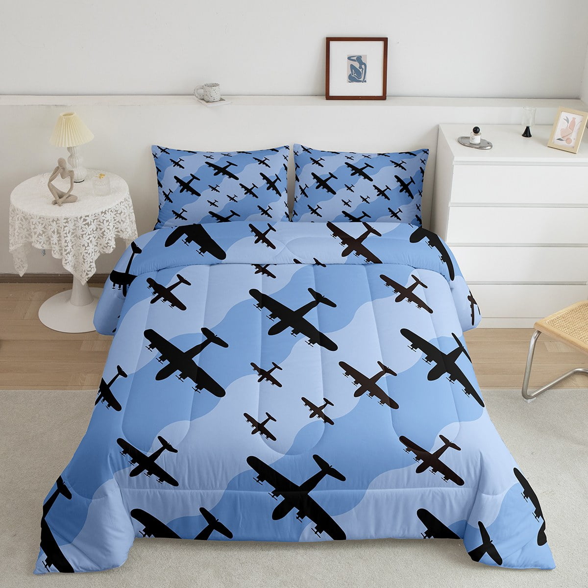 Kids Airplane Bedding Comforter Sets Full Size Aircrafts Silhouette Comforter Set Old Bomber