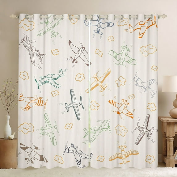 Airplane Curtains 52"x63" Set of 2 Panels Aircrafts Window Curtains & Drapes Colorful Hand Drawn Doodle Style 30%-50% Blackout Curtains Retro Propeller Airplane Window Treatments Kawaii Room Decor