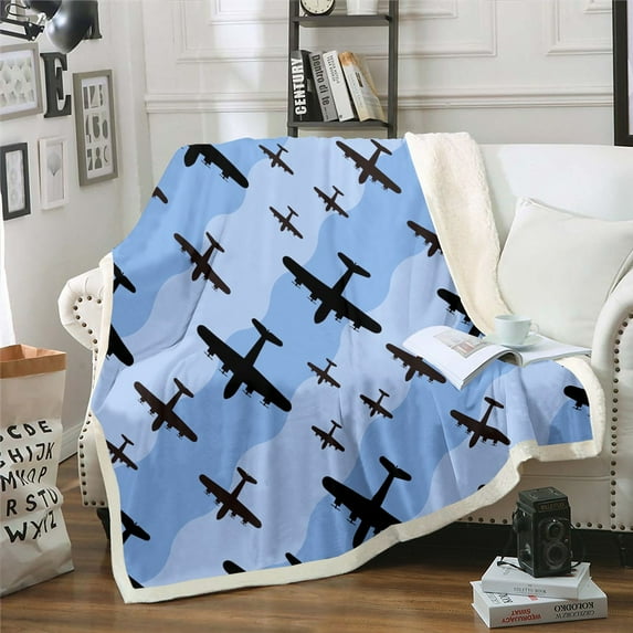 Airplane Throw Blanket 40x50 Size Aircrafts Silhouette Fleece Blanket Old Bomber Planes Blanket Blue Wave Stripes Plush Blanket Super Soft,Aviation Themed Airplane Decor Room
