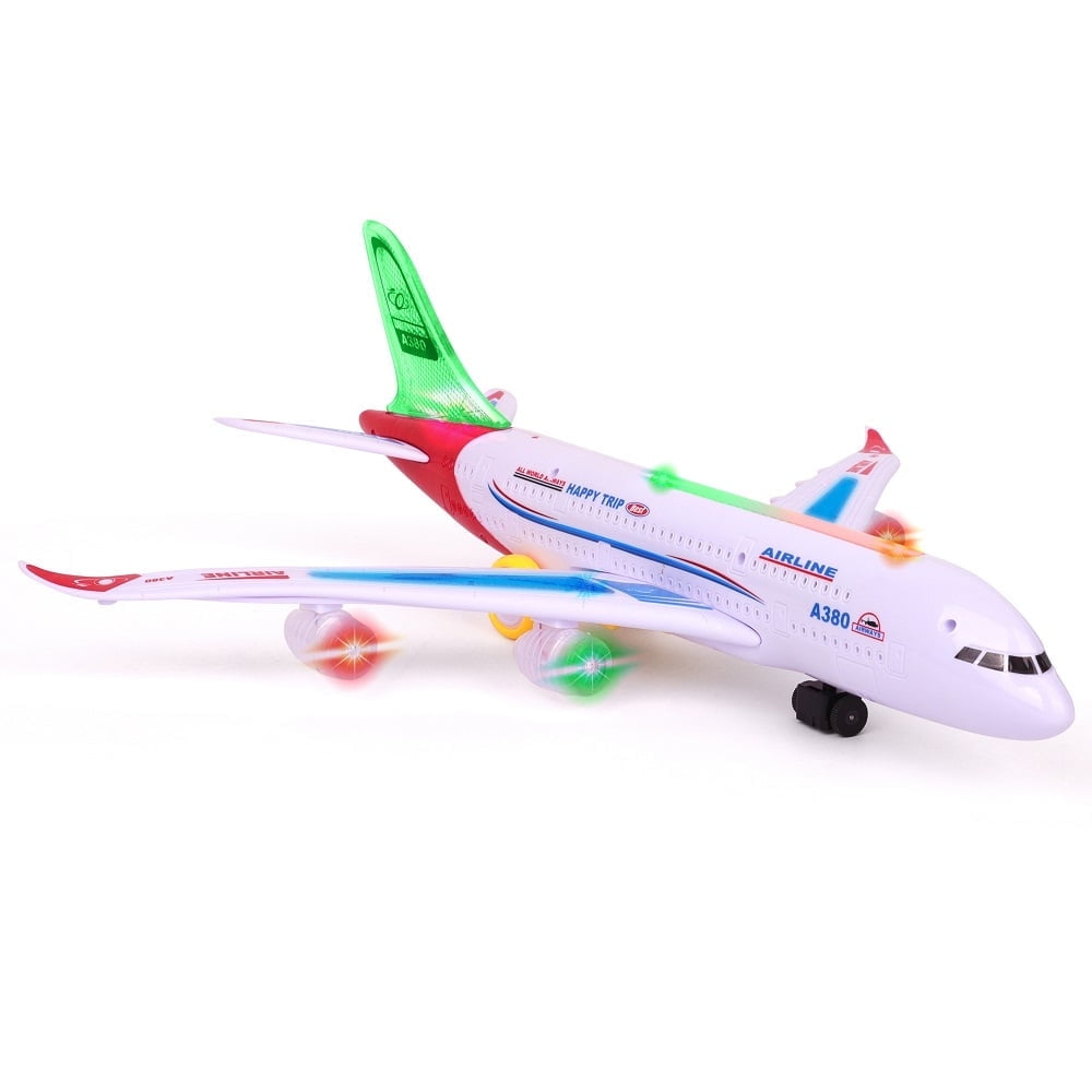 Kids Airplane Toy - Bump and Go Plane with Led Flashing Lights and Sounds – Airbus A380 Sensory Toy