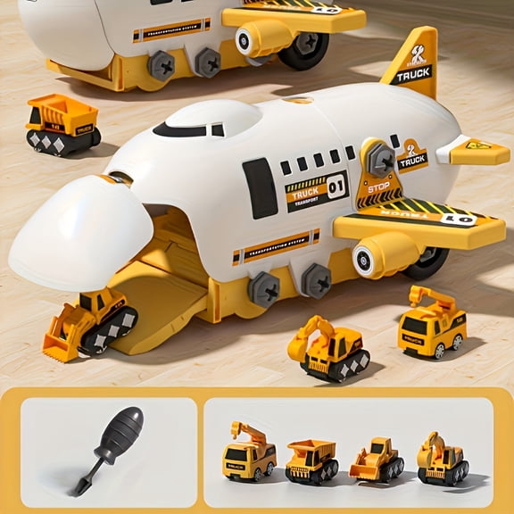 Kids Airplane Transporter Toy Set with 4 Mini Construction Vehicles
