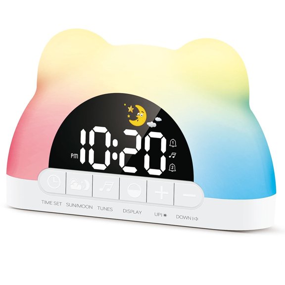 Kids Alarm Clock, Alarm Clock for Kids, Sleep Training Clock for Toddlers with 12 Colors Night Light for Bedroom, Sound Machine, Birthday Gift for Boys Girls