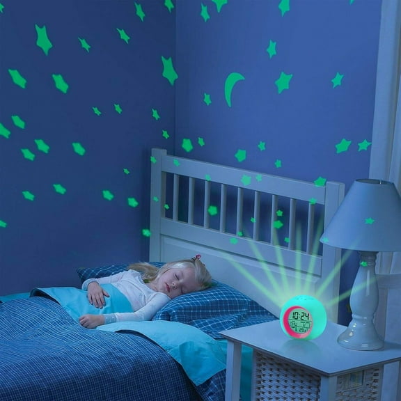 Kids Alarm Clock,Moon Stars Projector Alarm Clock,7 Color Changing Night Light,Snooze Touch Control Temperature for Kids Bedroom, Digital Clock for Girls Boys Children