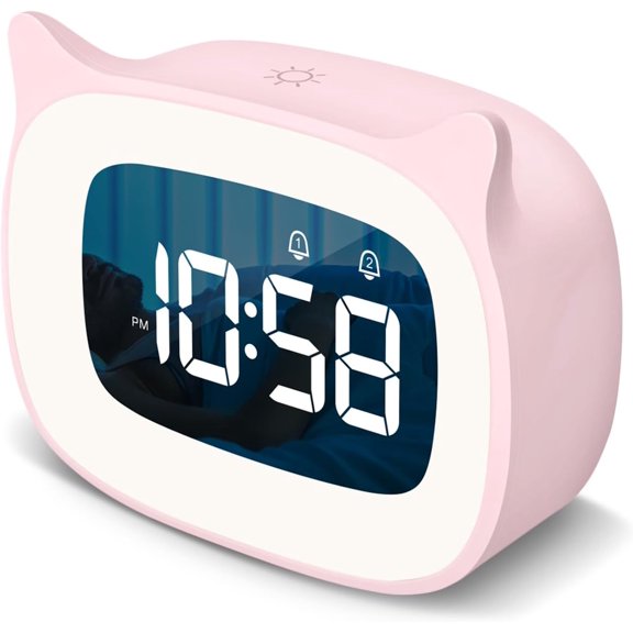 Kids Alarm Clock with Night Light & 18 Ringtones,Rechargeable,Cute Cat Ear Clock for Boys Girls Birthday Presents,Digital Clock for Children's Bedroom(Pink)