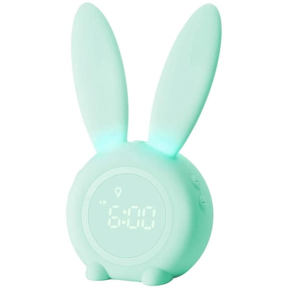 Kids Alarm Clock with Night Light, Cute Bunny Toddler Clock, Children Sleep Training Clock 2 Alarm Settings, 6 Ringtones, Thermometer, Snooze Function, Countdown Clock Rechargeable Baby Clock