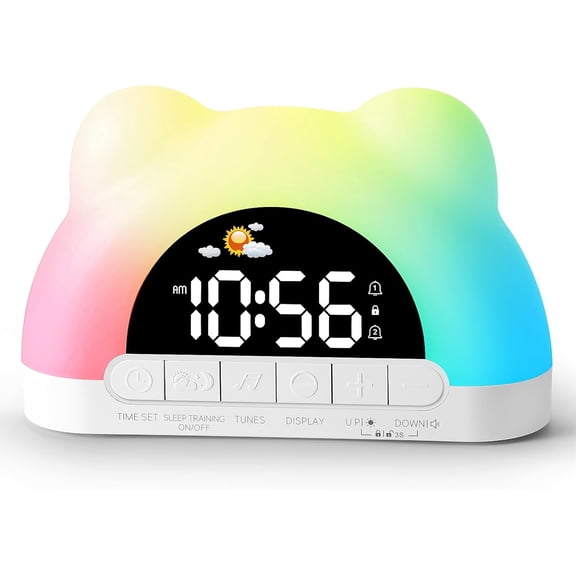 Kids Alarm Clock, Ok to Wake Clock for Kids, Toddlers Sleep Training with 12 Colors Night Light Bedroom, Sound Machine, Birthday Gift Boys Girls (Adapter Include)