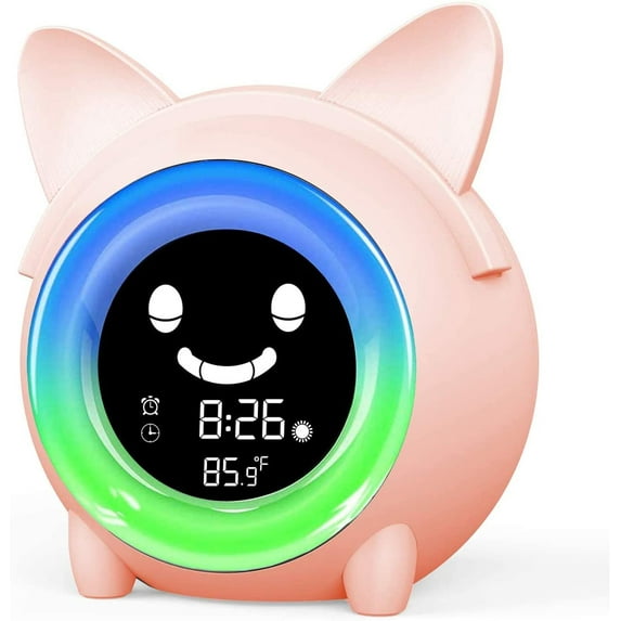 Kids Alarm Clock, Sleep Training with Toddler Night Light, Sleep Sounds Machine, Nap Timer, Temperature Detect, Cute Bedside Clock Kids Room Decor, Birthday