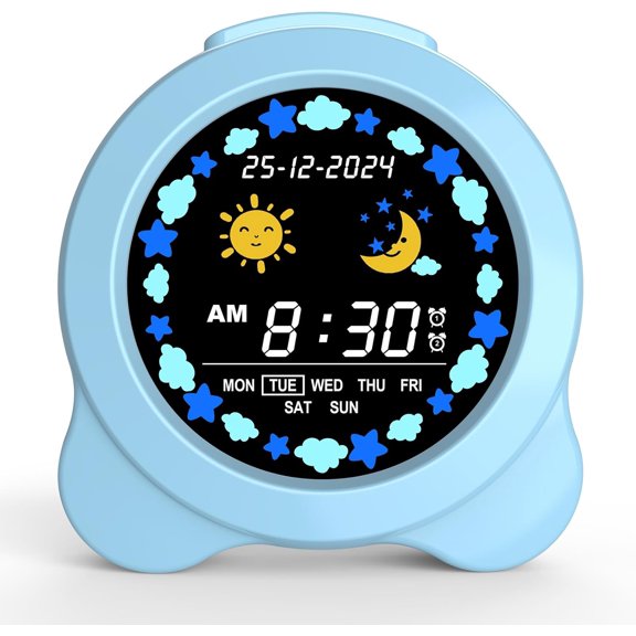 Kids Alarm Clock, Sun & Moon LED Display with Day & Date, Children's Sleep Trainer with Night Light & Sleep Sounds, Cute Wake Up Clock for Kids Bedroom, Easy to Use Birthday Gift for Boy and Girls