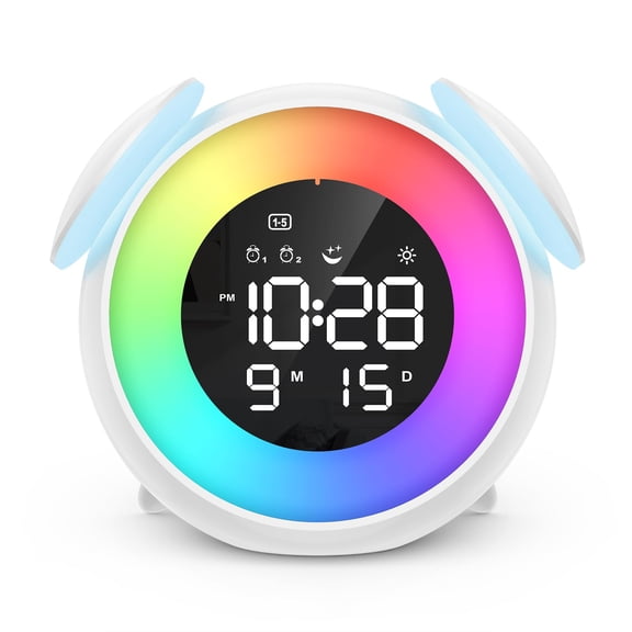 Kids Alarm Clock, Toddler Sleep Training Clock, OK to Wake Alarm Clock with 9 Colors Night Light, 7 Soothing Sounds, Dual Alarms, Birthday Gift for Boy Girls Children