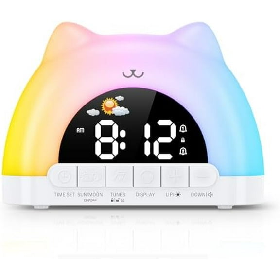 Kids Alarm Clock, Wake Up Clock with 11 Colors Night Light, Toddlers Sleep Training Clocks with 10 Ringtones, Brightness Adjustment, Dual Alarms Plug in OK to Wake Clocks for Girls Boys
