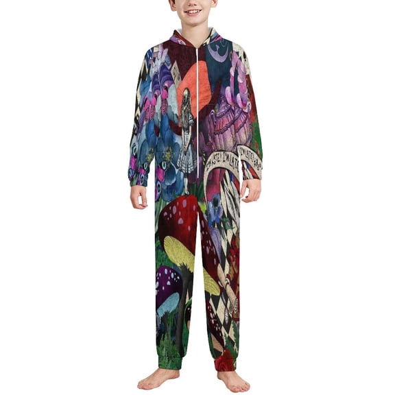 Kids Alice in Wonden-Lan Onesie Pajamas Zip Up One Piece Hooded Sleepwear Fleece Jumpsuits for Boys Girls