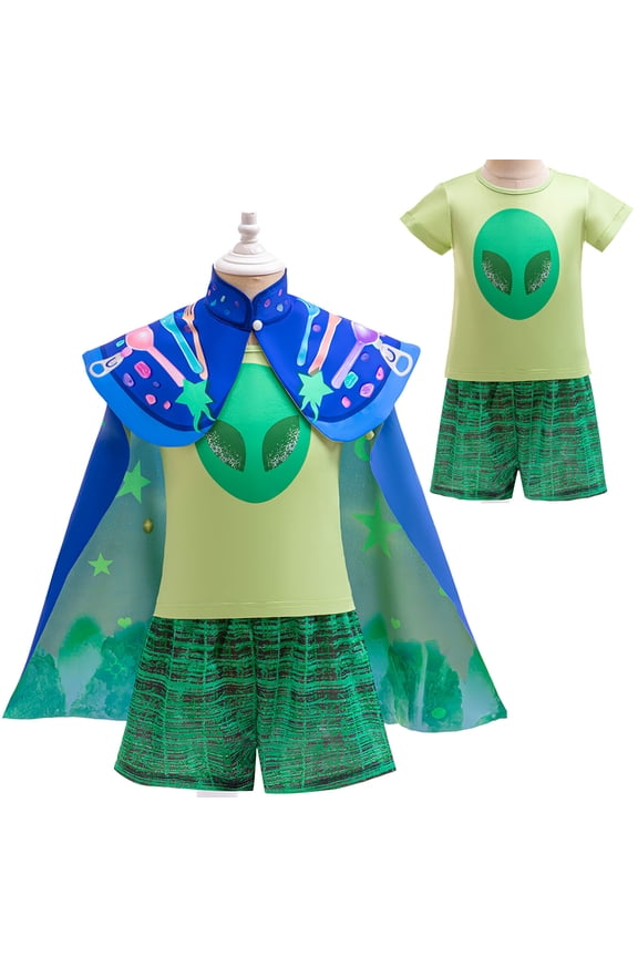 Kids Alien Costume Halloween Shirt Shorts Cloak Green Suit, Size for 2-7Y