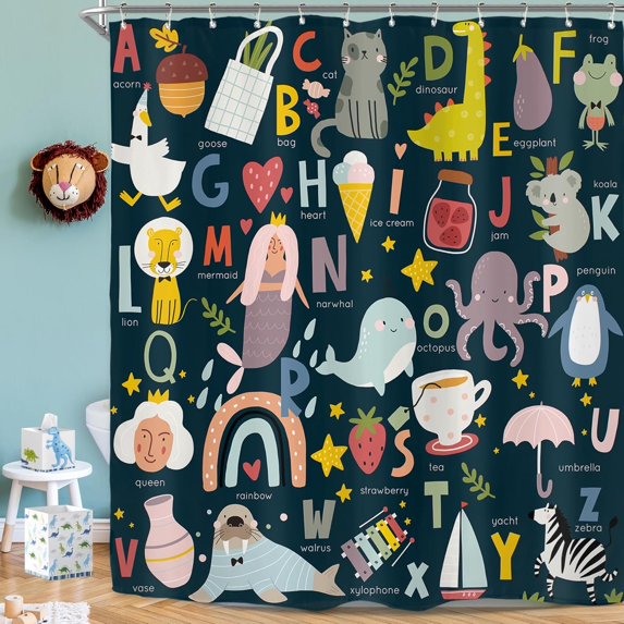 Kids Alphabet Shower Curtain for Bathroom Decor 72Wx72H ABC Educational Learning Baby Tool Cartoon Animals Colorful Girls Boys Art Printed Fabric Polyester Waterproof 12 Pack Plastic Hooks