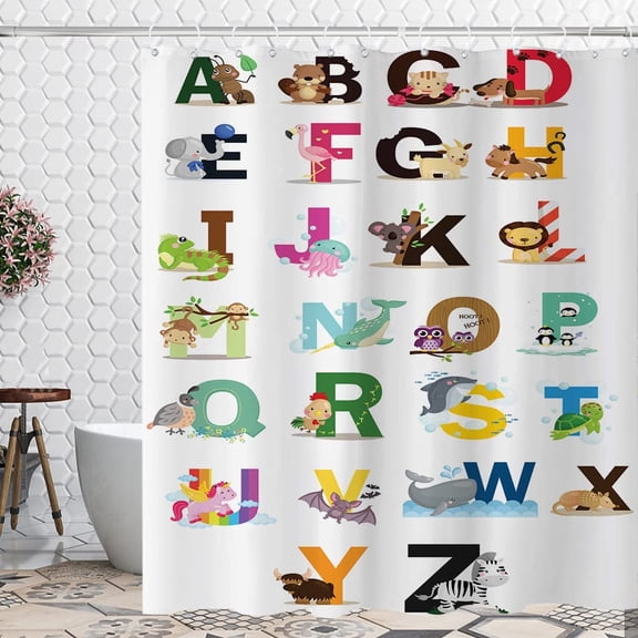 Kids Alphabet Shower Curtain Educational ABC Students Baby Learning Tool for Bathroom Decor Polyester Fabric Waterproof Sets with 12 Hooks 72x72 Inch
