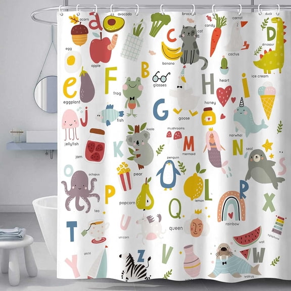 Kids Alphabet Shower Curtain, English Alphabet ABC Learning Educational Tool, Cartoon Animals Colorful Girls Boys Art Printed Fabric Polyester Waterproof with 12Hooks,72x72