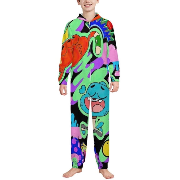 Kids Amazing World of Gum-bal Onesie Pajamas Zip Up One Piece Hooded Sleepwear Fleece Jumpsuits for Boys Girls