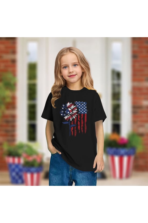 Kids American Flag Shirts Fashion Independence Day Patriotic T-Shirt Boys Girls Cute Round Neck Short Sleeve Cotton Tees Black 3-4 Years