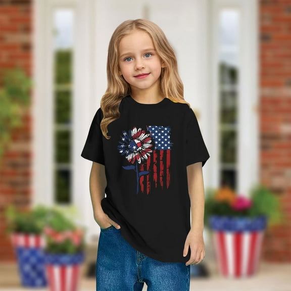 Kids American Flag Shirts Fashion Independence Day Patriotic T-Shirt Boys Girls Cute Round Neck Short Sleeve Cotton Tees Black 7-8 Years