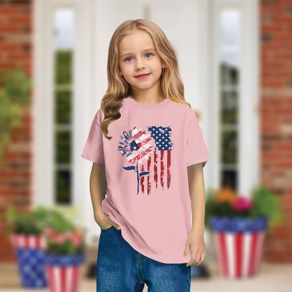 Kids American Flag Shirts Fashion Independence Day Patriotic T-Shirt Boys Girls Cute Round Neck Short Sleeve Cotton Tees Pink 7-8 Years