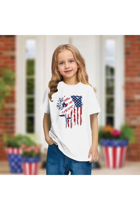 Kids American Flag Shirts Fashion Independence Day Patriotic T-Shirt Boys Girls Cute Round Neck Short Sleeve Cotton Tees White 7-8 Years