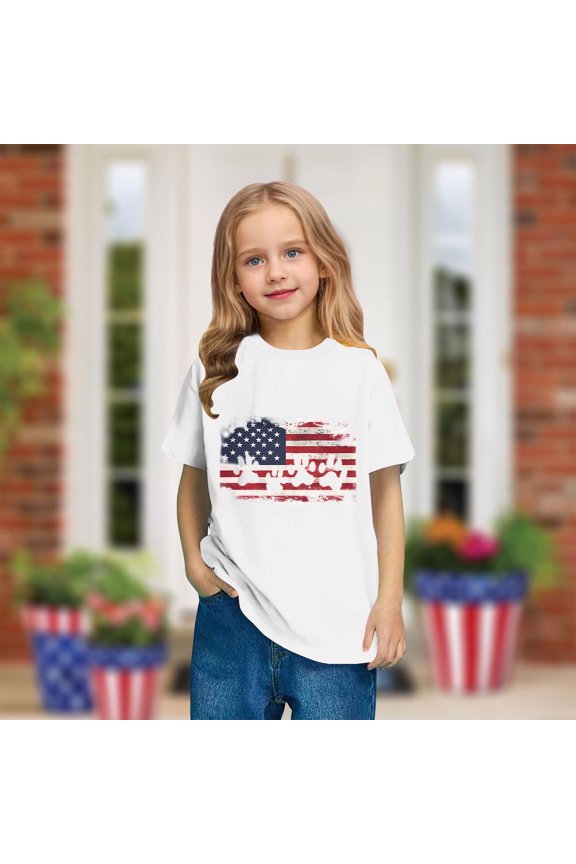 Kids American Flag Shirts Fashion Independence Day Patriotic T-Shirt Boys Girls Cute Round Neck Short Sleeve Cotton Tees White 7-8 Years