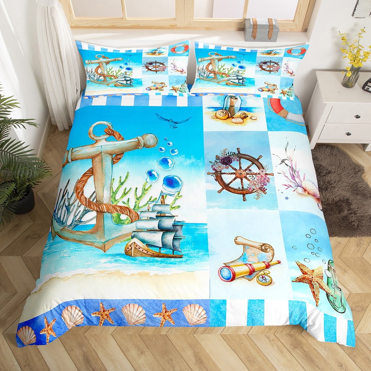 Ocean Nautical Twin Bedding Sets For Boys Kids Anchor Sailboat Lighthouse Duvet Cover Room Decor Watercolor Blue White Geometric Stripe Check
