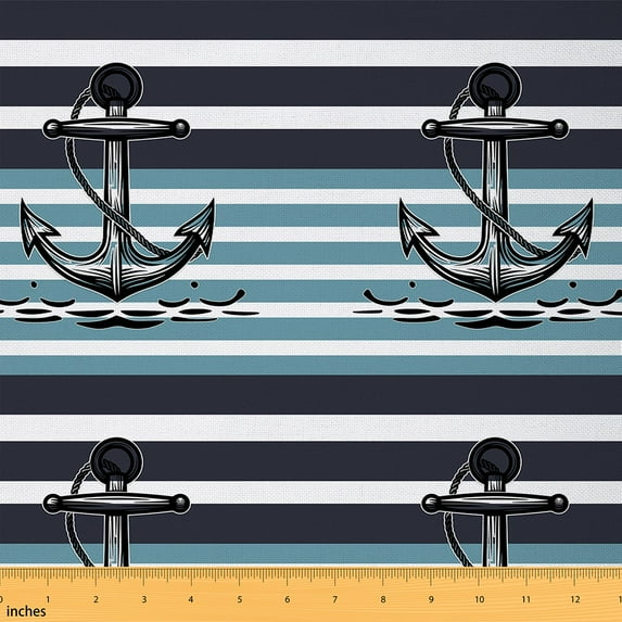 Anchor Upholstery Fabric Nautical Anchor Decorative Fabric,Ocean Theme Indoor Outdoor Fabric Geometric Stripes Waterproof Fabric Blue White Lins DIY Fabric,5 Yard