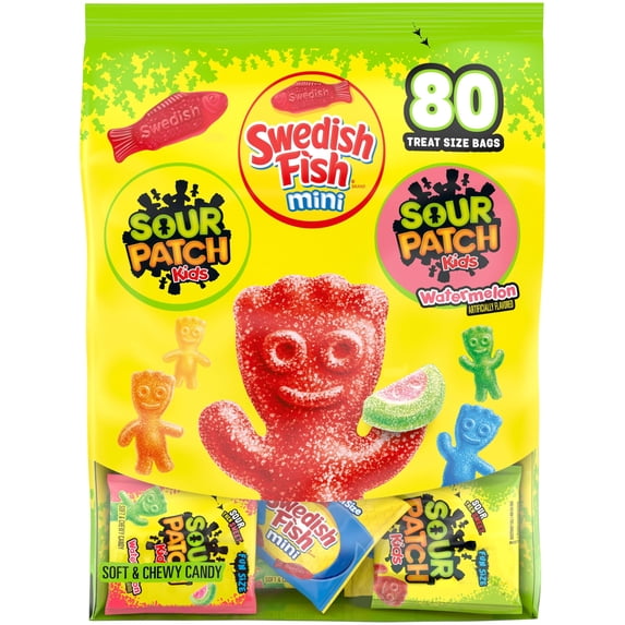 Kids And Swedish Fish Mini Soft & Chewy Gummy Candy Variety Pack Bulk 80 Treat-Size Sour Patch Sn...