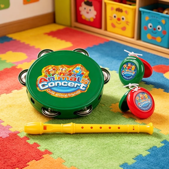 Kids’ Animal Concert Musical Instrument Set, 4-Piece Rhythm Toy Kit with Recorder, Tambourine & Castanets, Educational Percussion & Wind Toys for Toddlers, Early Music Learning Playset