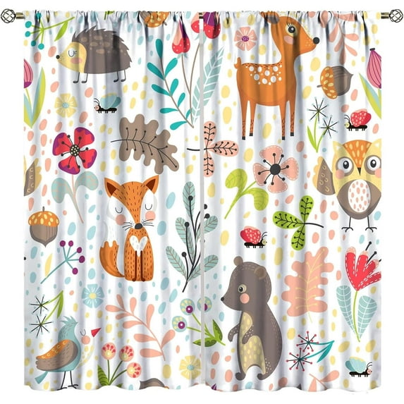Kids Animal Curtains Cartoon Woodland Bear Child Nursery Colorful Wildlife Jungle Forest Rod Pocket Curtain Baby Boy Girl Bedroom Decor Living Room Window Drapes Fabric 2 Panels 52x84in