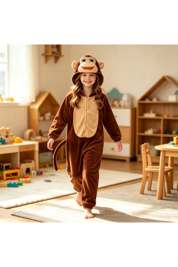 Kids Animal Onesie Christmas Fleece Hooded Zip One Piece Jumpsuit Fuzzy Cute Monkey Onesie Warm Winter Clothes(Brown,3-4 Years)