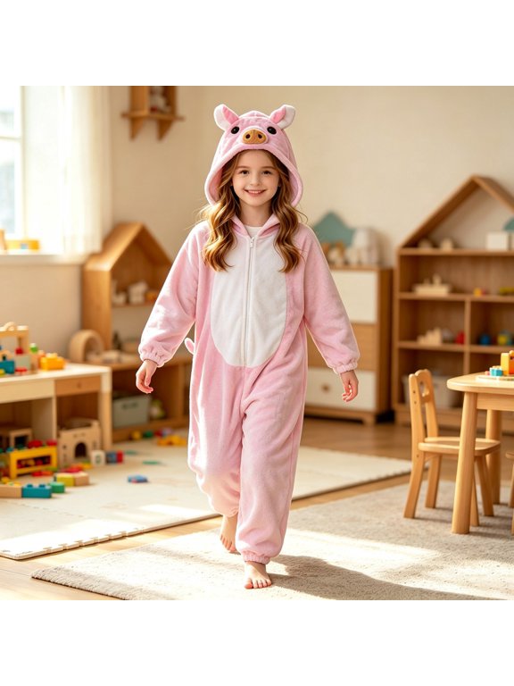 Kids Animal Onesie Christmas Hooded Zip One Piece Jumpsuit Fuzzy Cute Pig Onesie Warm Winter Clothes(Pink,5-6 Years)