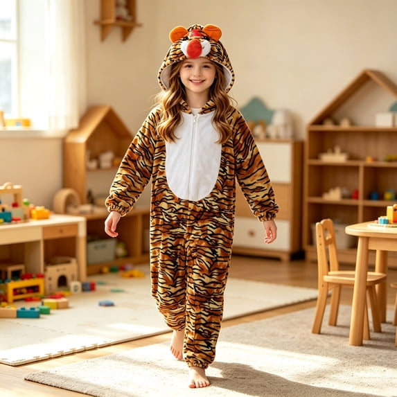 Kids Animal Onesie Christmas Hooded Zip One Piece Jumpsuit Fuzzy Cute Tiger Onesie Warm Winter Clothes(Gold,5-6 Years)