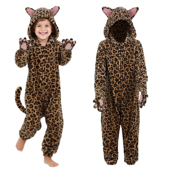 Animal Onesie Pajamas Black Cat/Leopard with Hood and Paw for Halloween Christmas Party Homewear