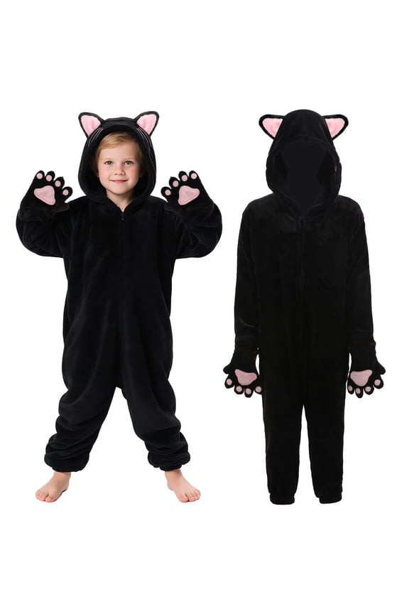 Animal Onesie Pajamas Black Cat/Leopard with Hood and Paw for Halloween Christmas Party Homewear