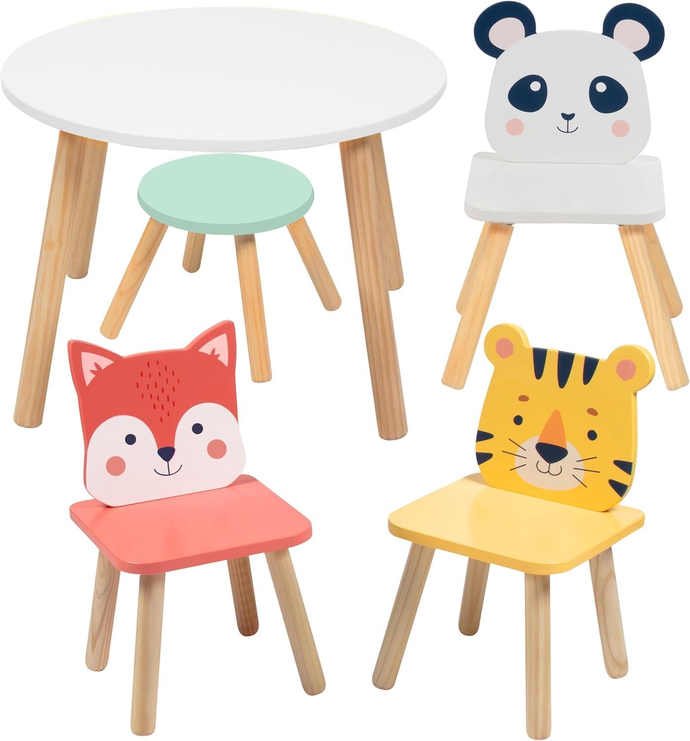 Kids Animal-Themed Wooden Table and Chair Set with Stool
