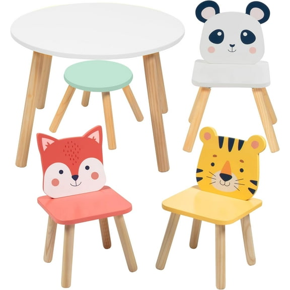 Kids Animal Table & Chair Set- Toddler Table w 3 Toddler Seats & Adult Stool for Arts, Activities- Adorably Themed Playroom Furniture, Dining Table or Activity Center for Daycares Classroom Play Area