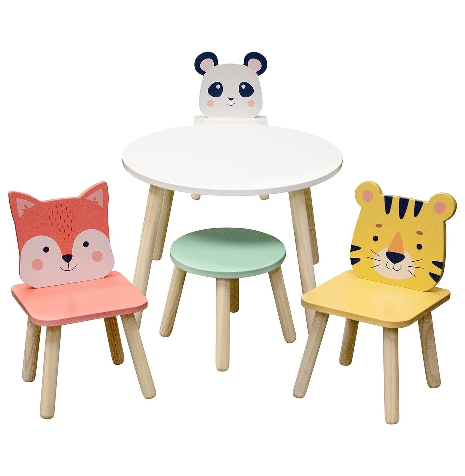 Kids Animal-Themed Wooden Table and Chair Set with Stool